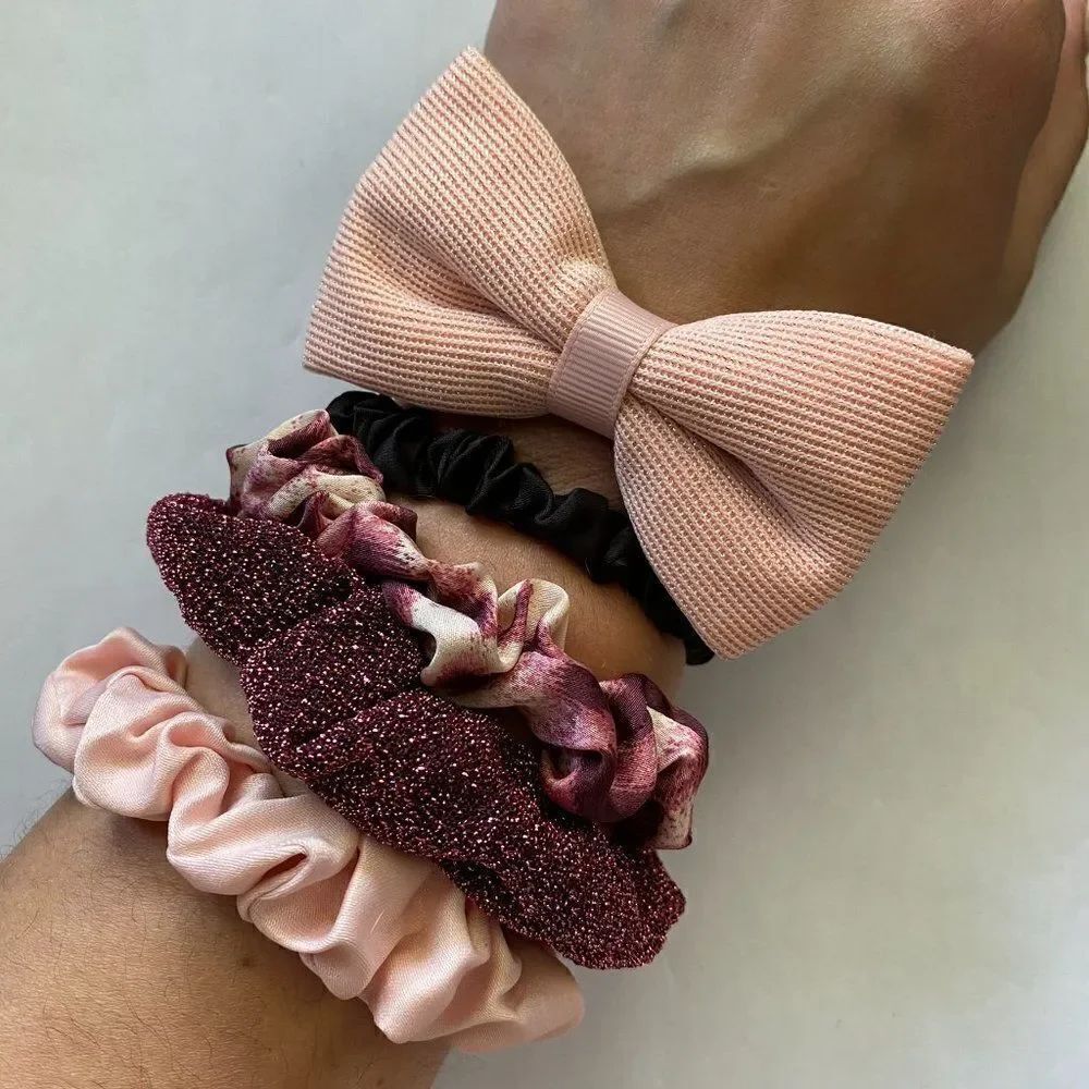 Set of 5 Scrunchies - Metallic Burgundy Pink Print